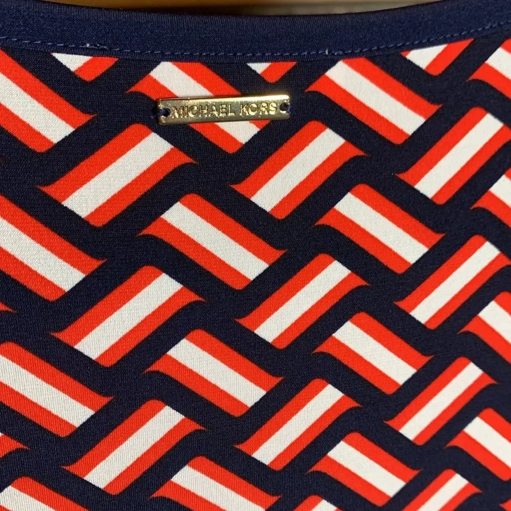 Michael Kors Womens Navy Red Geometric Colorblock Cap Sleeve Shift Dress Medium